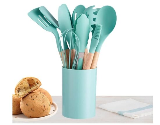 Virtuvės įrankiai ir laikymo indelis, 12 dalių, žali